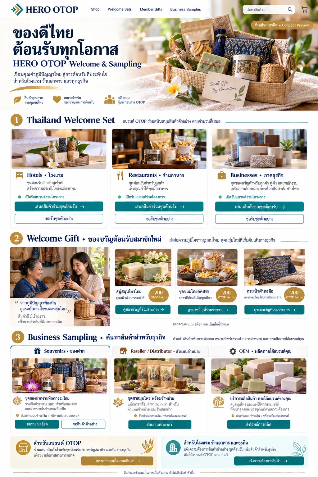 HERO OTOP shop concept: Thailand Welcome Sets for hotels, restaurants and businesses; welcome gifts for new members; business samples for souvenirs, resellers, distributors and OEM